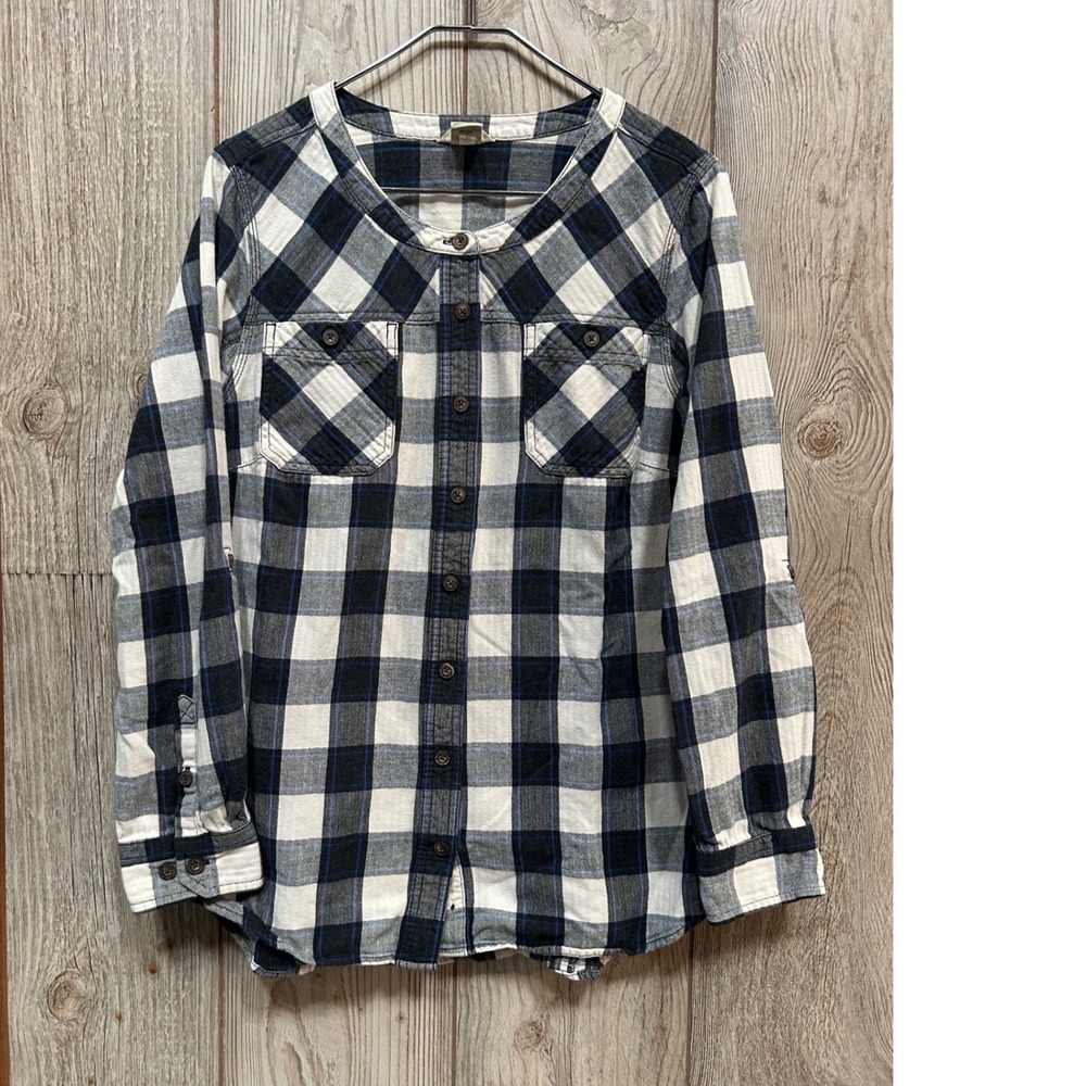 Duluth Trading Co Womens Large Plaid Flannel Shirt Blue White Cotton Collarless